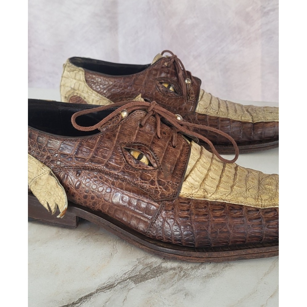 Rare Max Leather EYE Caiman Crocodile Dress ShoesTwo Tone Men's 13.5 Brown Bone